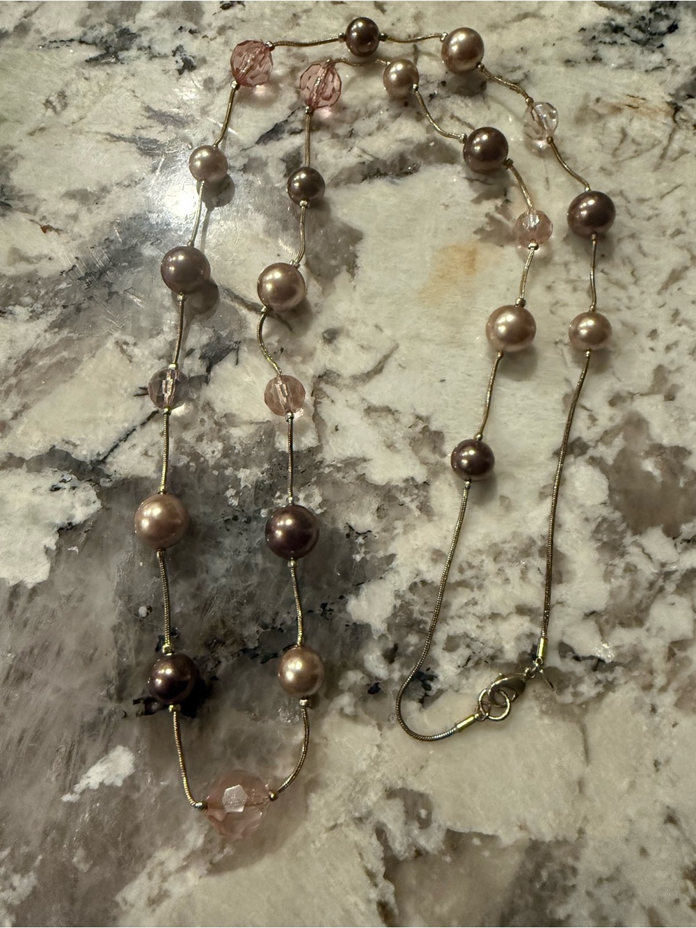 Roman Gold Tone Faux Pearl Pink Glass‎ Beaded Necklace Long 36” signed RMN
